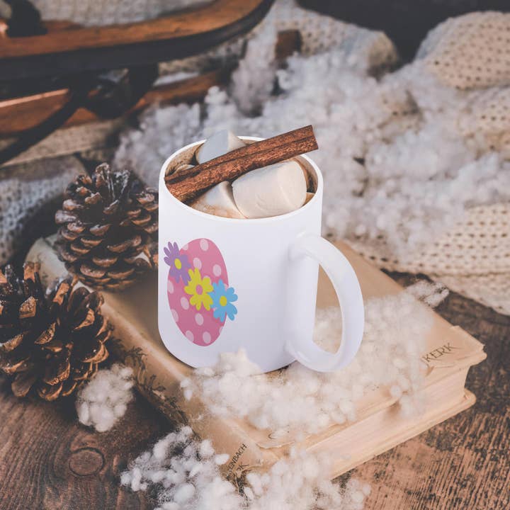 3dRose - Wholesale Coffee mug - 3dRose, Cute Pink Polka Dot Easter Egg With Three Flowers Illustration, Mug11