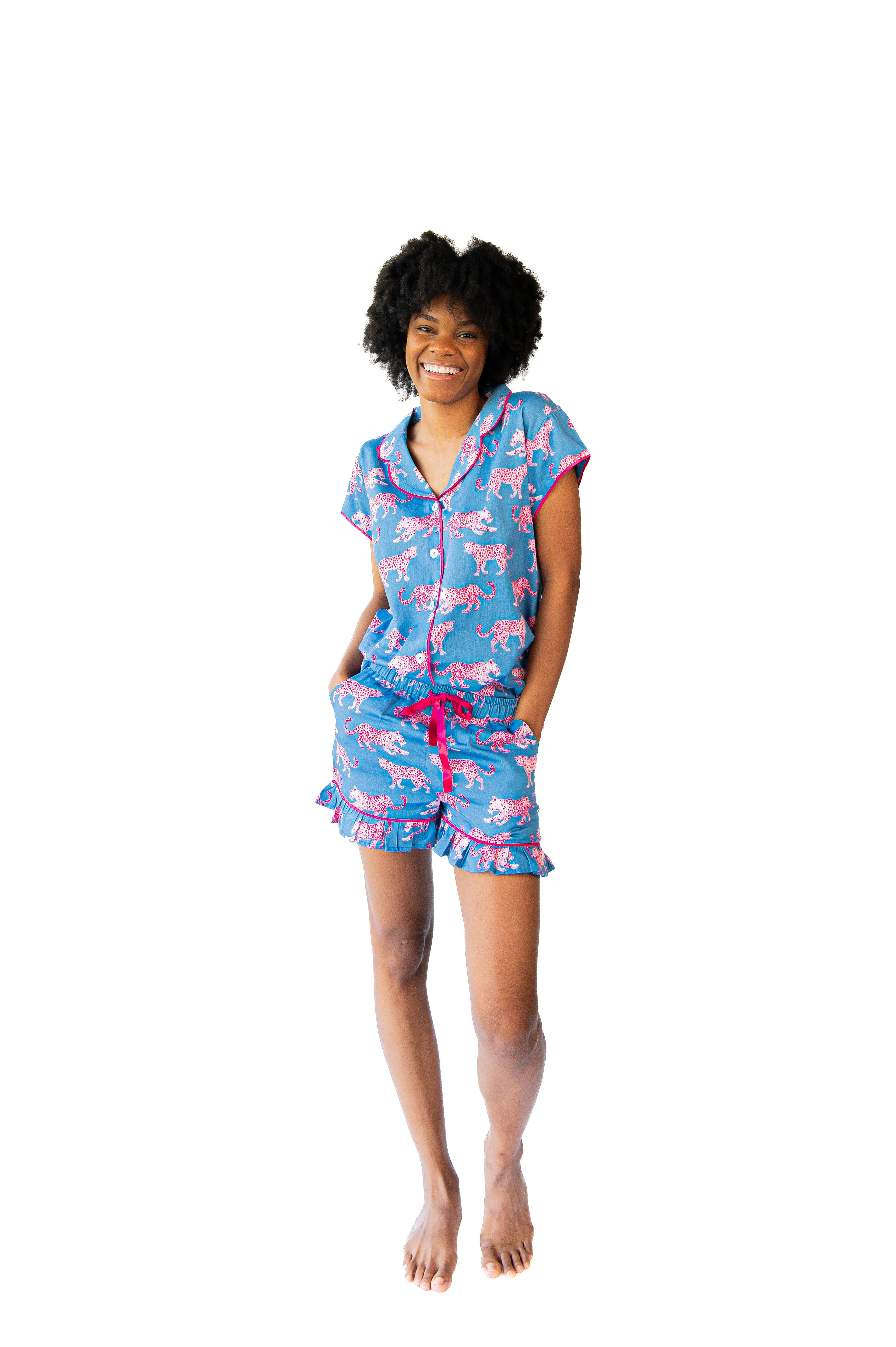Pink Leopards Luxe Ruffled Pajama Summer Set - Blue & Pink for wholesale on Faire0
