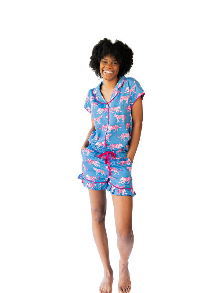 Pink Leopards Luxe Ruffled Pajama Summer Set - Blue & Pink for wholesale on Faire