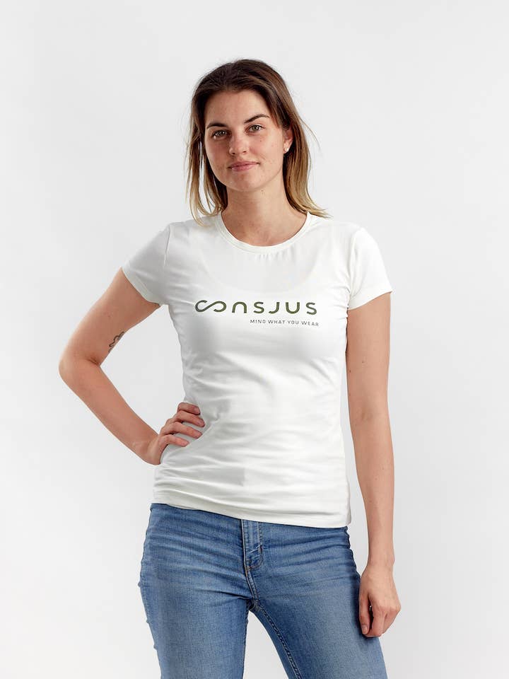 Camiseta de algodão orgânico com estampa de logotipo na cor verde oliva por atacado de CONSJUS
