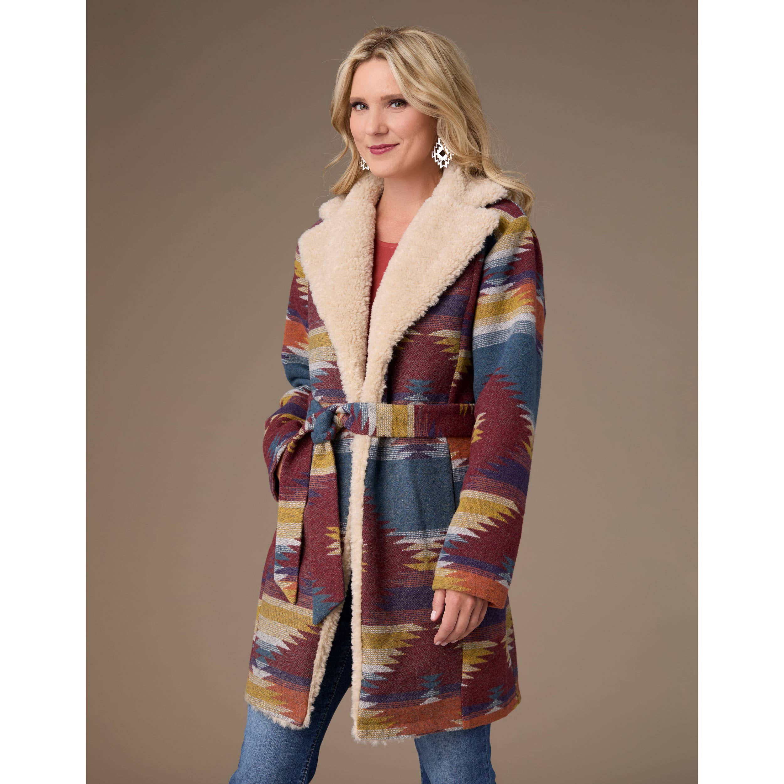 Rouille/Denim Surchemise imprimée aztèque ceinturée rubis en vente sur Faire4