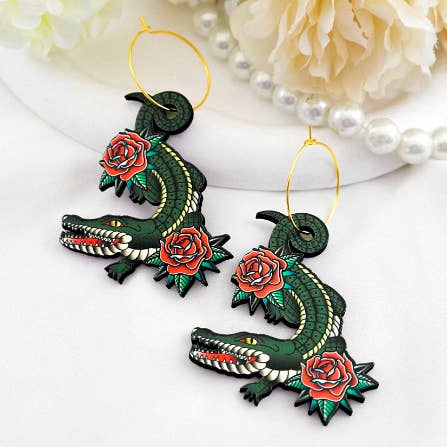 Jaw of the Wild: Crocodile Wooden Earrings for wholesale by HappyJewelrySupplies