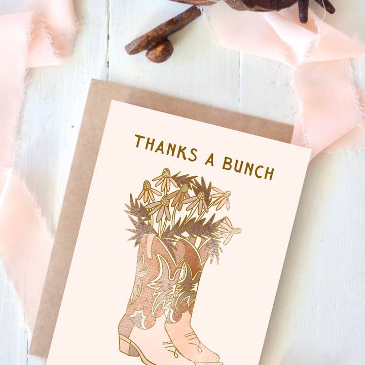 Tirzah Lane Art - Wholesale Thank You Card - Thanks A Bunch Cowboy Boots Flowers Thank You Card