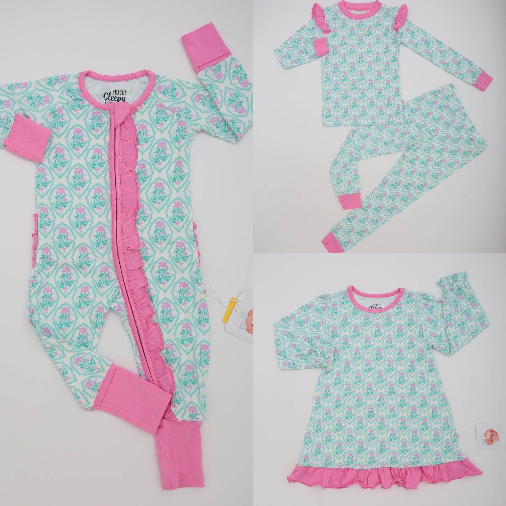 Just Peachy Smocks + Peachy Sleepy Bamboo - Vente Grenouillère – bébé - Bambou endormi à motif floral Grandmillenial Peachy3