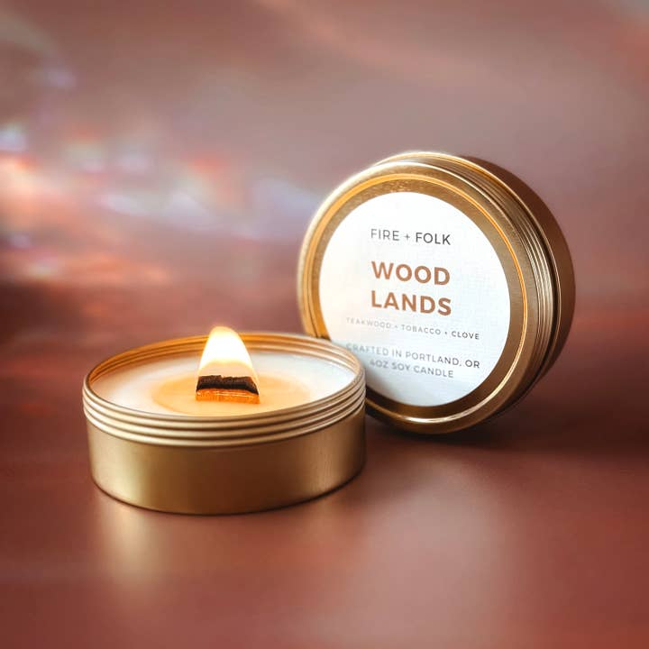 Woodlands | 4oz Wood Wick Soy Candle Tin for wholesale by FIRE + FOLK