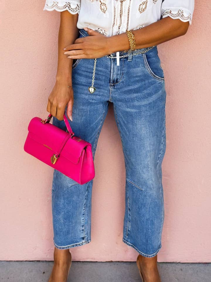 Dusk Blue Seam Detail Ankle Length Cropped BarrelJeans for wholesale by Lovesoft