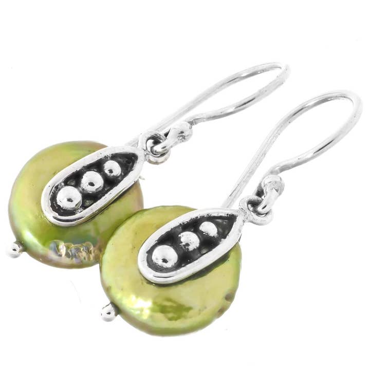 FifiRose - Wholesale Dangle Earrings - 925 silver cute green biwa freshwater coin pearl sterling earrings, 11/16"