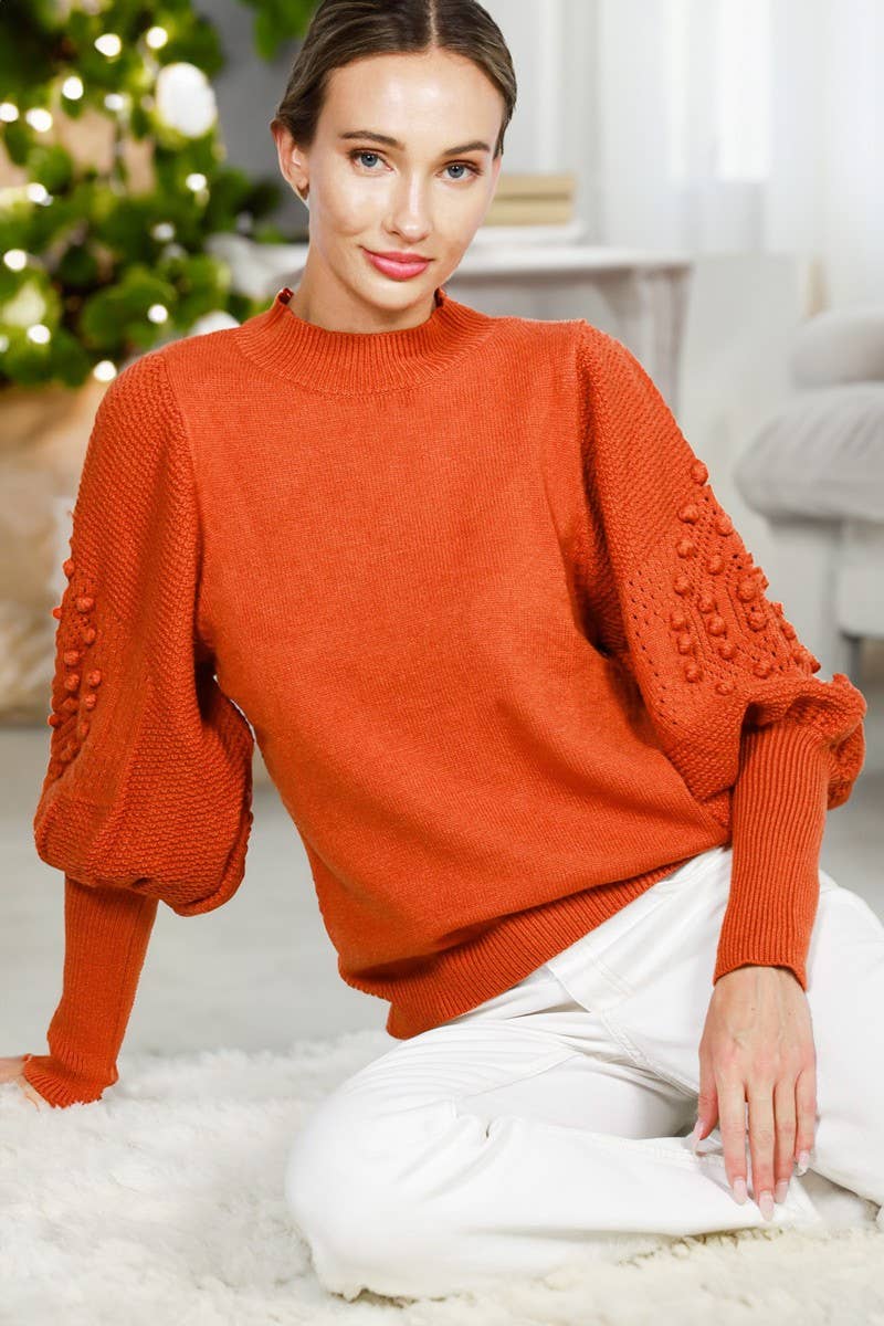 Vine & Love - Wholesale Knit Sweater - Women's - Round Neck Pom Pom Balloon Long-Sleeve Knit Sweater VT703446