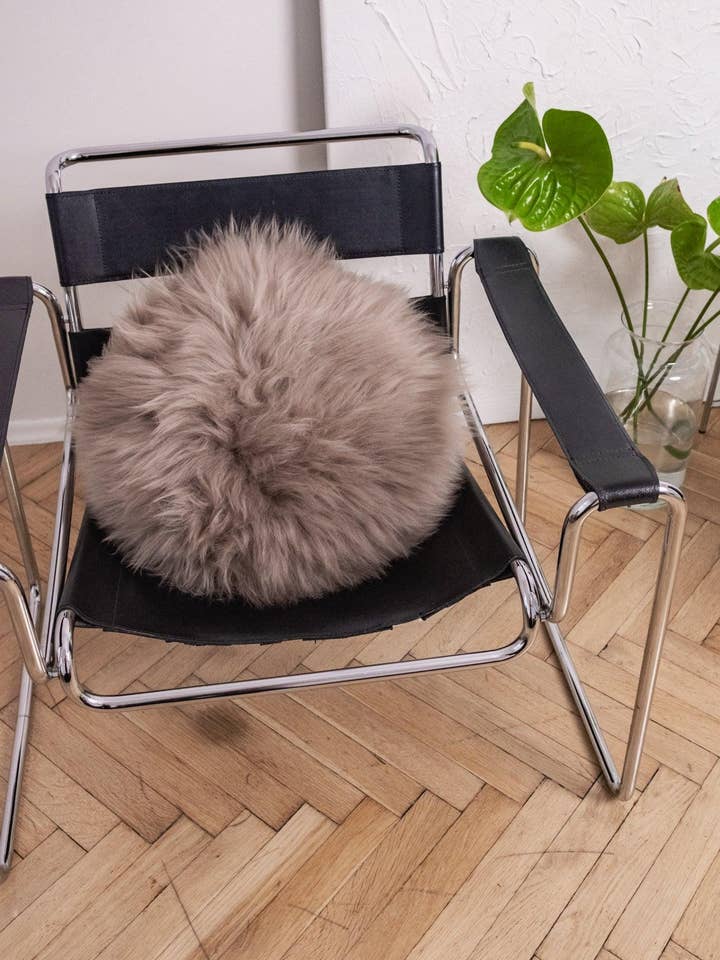 Round Natural Sheepskin Pillow - Greige for wholesale by Mellow