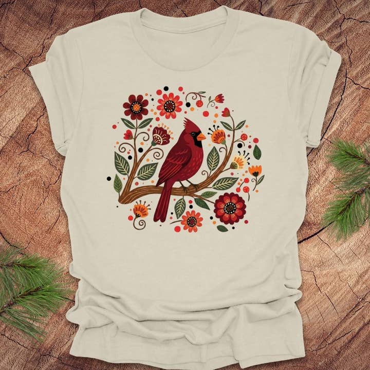 Folk Art Cardinal Tee for wholesale by Wandering Owl Adventure Co.