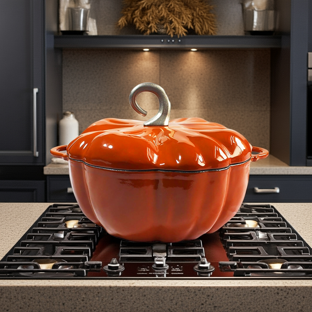 Crucible Cookware – Conjunto de frigideiras e panelas por atacado – Panela de Abóbora em Ferro Fundido Esmaltado, Caçarola, Cocotte, Laranja6