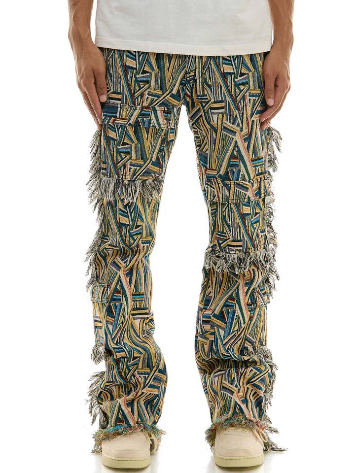 Blue TAPESTRY CARGO PANTS for wholesale on Faire
