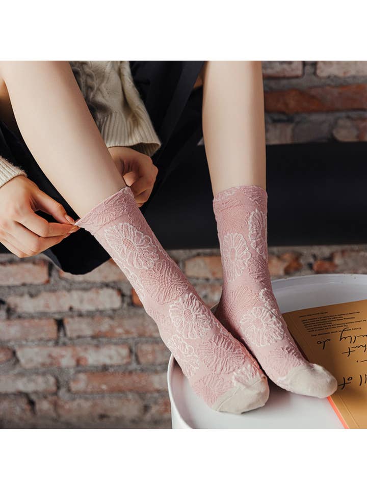 Assorted pair per pack pattern per pair min packs pairs JCS015 White-Pink Floral Spring/Summer Socks for wholesale on Faire