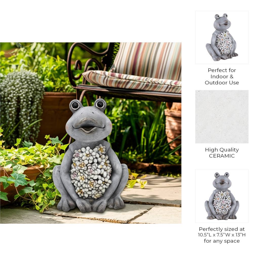 Sagebrook Home - Wholesale Outdoor Ornament/Decor - Ceramic Sitting Frog Statue Solar Flowers - Gray, 13 in.2
