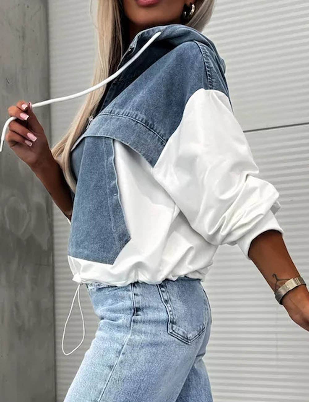 Dipped Shop - Wholesale Hoodie - Women's - Trendy Splice Color Block Washed Denim Hoodie DP25E7637