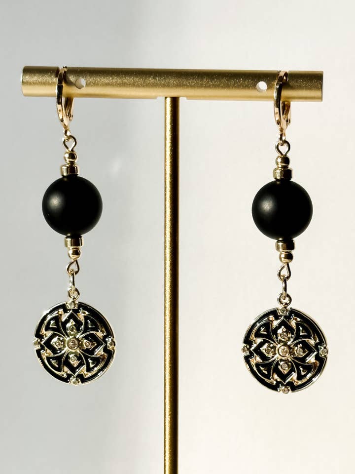 Delaney Drop | ONYX | Matte Onyx & Gold Medallion Enamel Cha for wholesale by Aves + Brit | Handmade Midwest Modern Jewelry