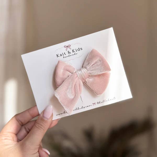 Soft pink velvet mini classic ♡ headband / clip / piggy set for wholesale by Kait + Kids