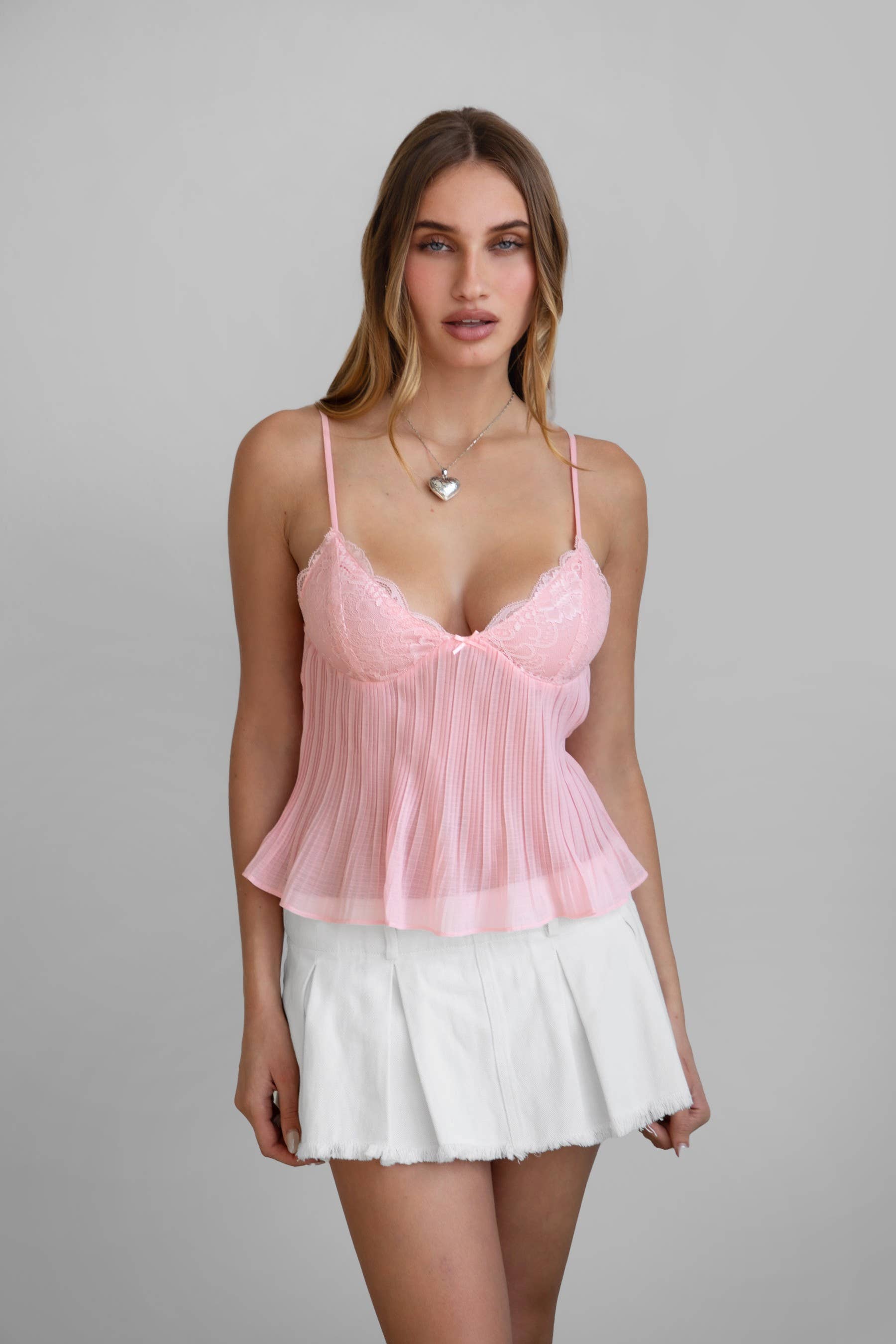 TICTOC - Vente Débardeur – femme - ANGEE Haut Cami Babydoll en Chiffon Plissé avec Dentelle Délicate0