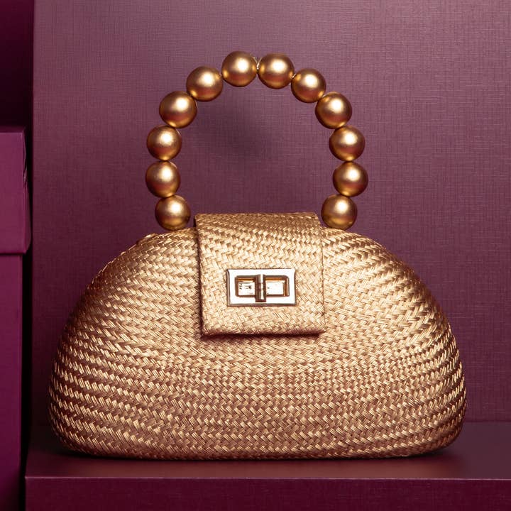 Pochette a Mezza Luna Oro | Manico Superiore con Perline Dorate | Borsa da Resort per la vendita all'ingrosso da parte di Soli & Sun