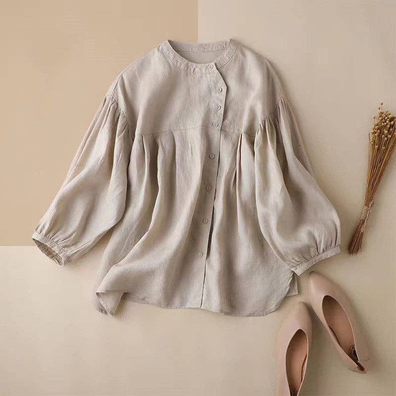 FurDecoration - Wholesale Blouse - Women's - Casual Loose Ramie Cotton Blouse with Solid Color and Long Sleeves0