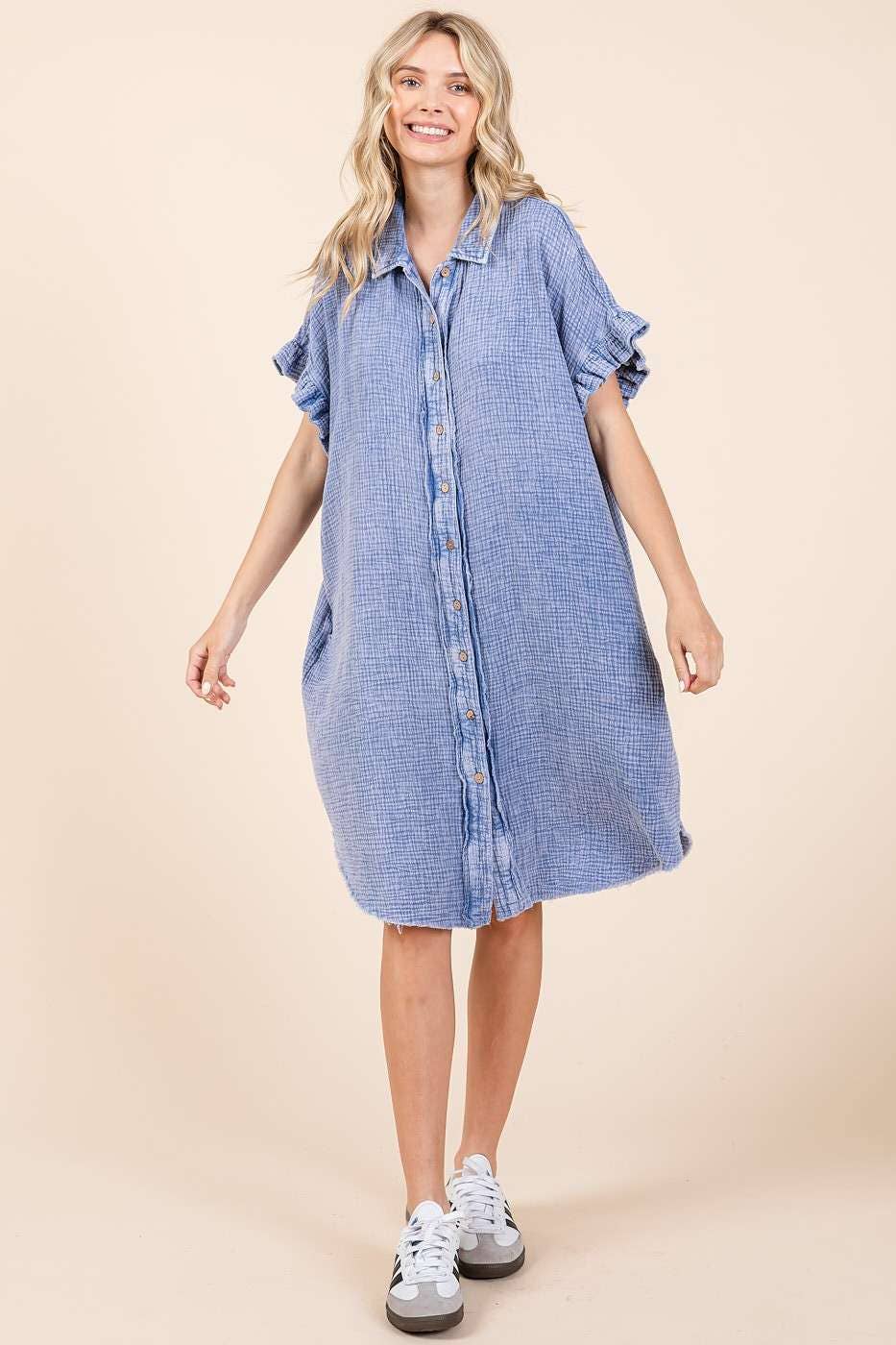 mittoshop – wholesale Dress – Women's – MINERAL WASH COTTON GAUZE MINI SHIRT DRESS12