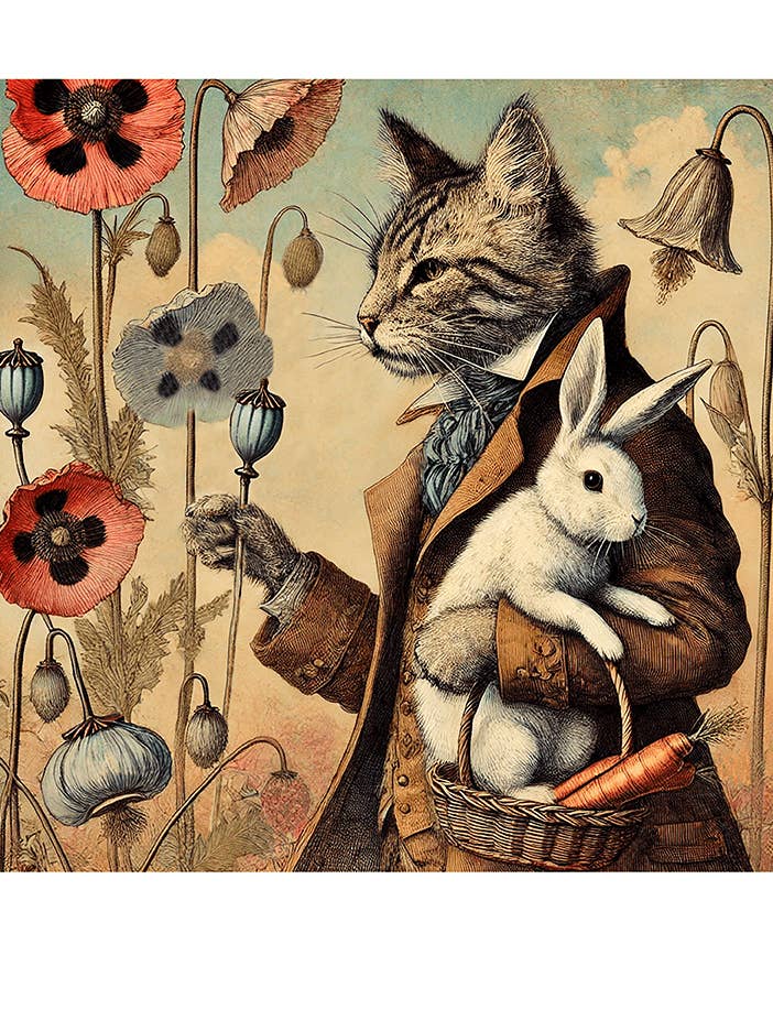 Whimsical Animal Art Print, Cat & Rabbit illustration 12x12 for wholesale by Thistle and Tale Press
