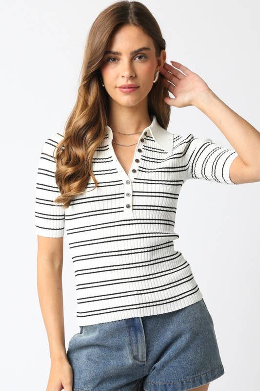 Olivaceous - Wholesale Button Down Shirt - Women's - Ina Stripe Top25