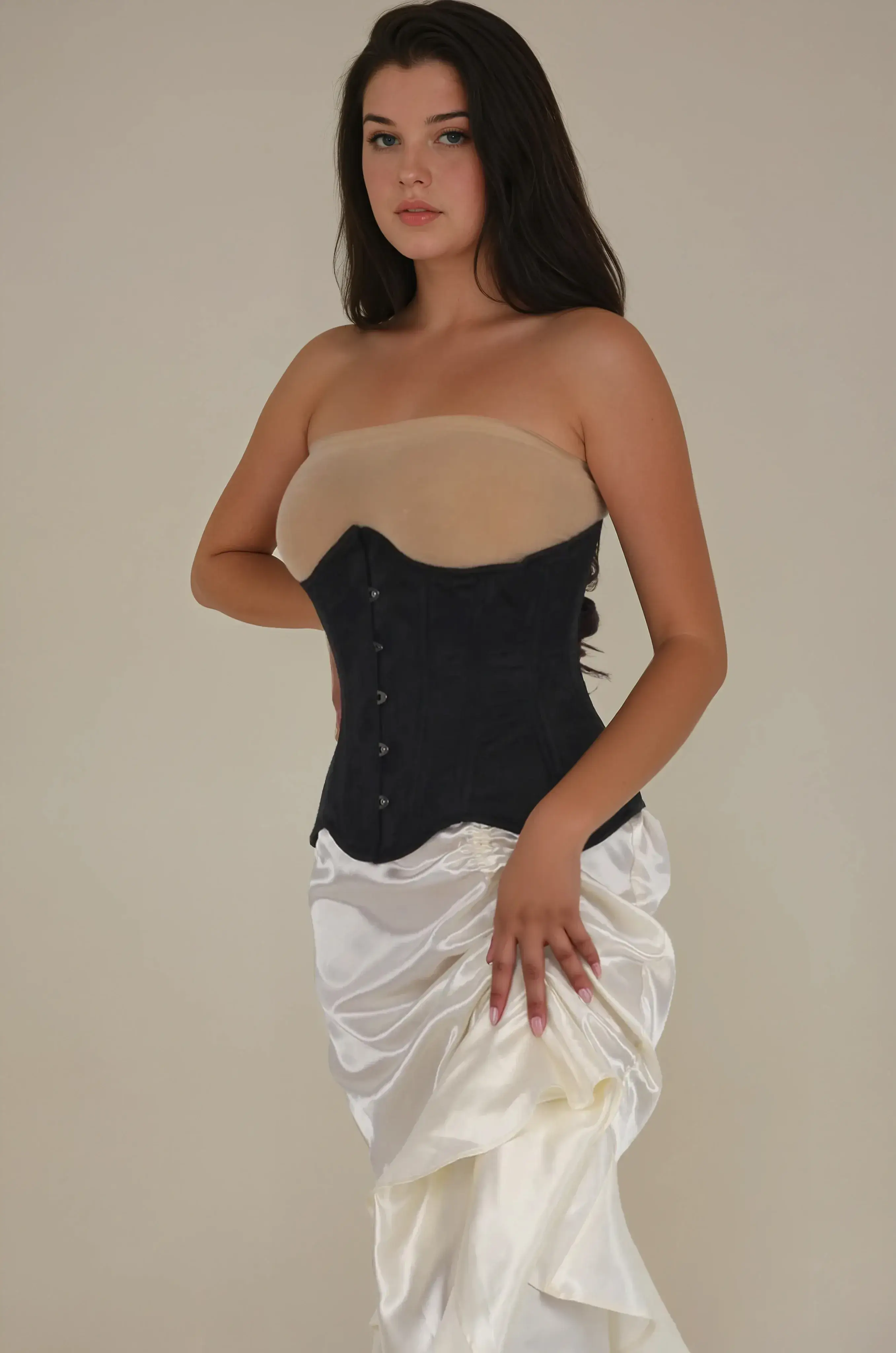 Emerie Waist Trainer Black Brocade Curvy Corset for wholesale on Faire2