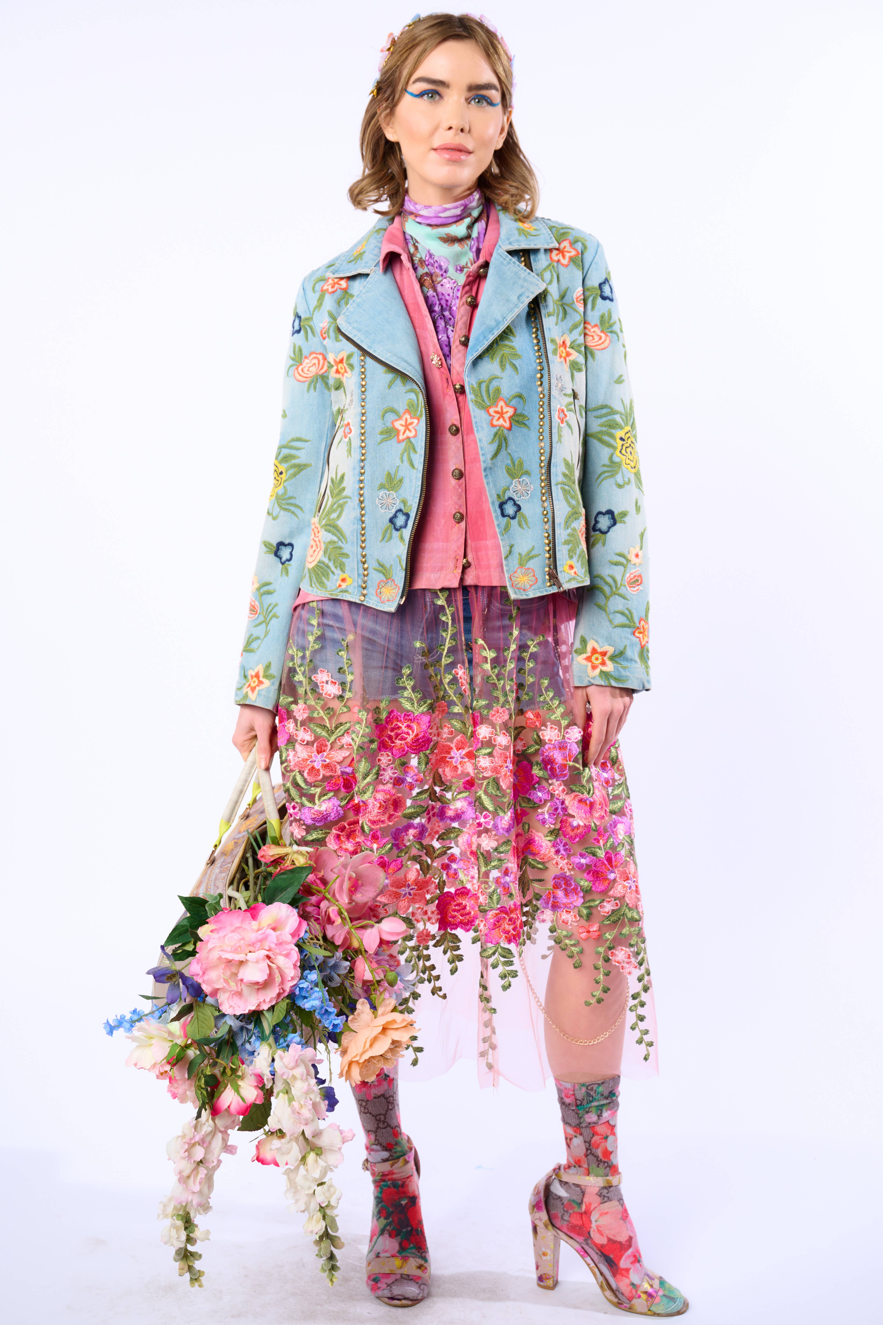 Lucinda Embroidered Denim Motorcycle Jacket for wholesale on Faire1