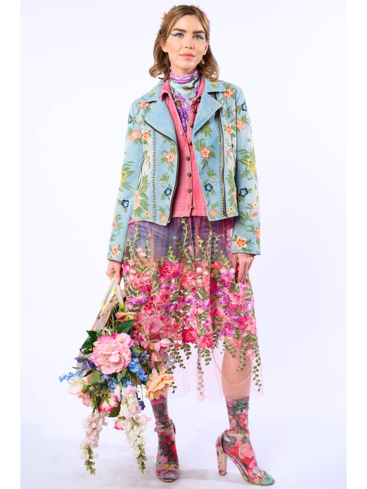 Lucinda Embroidered Denim Motorcycle Jacket for wholesale on Faire1