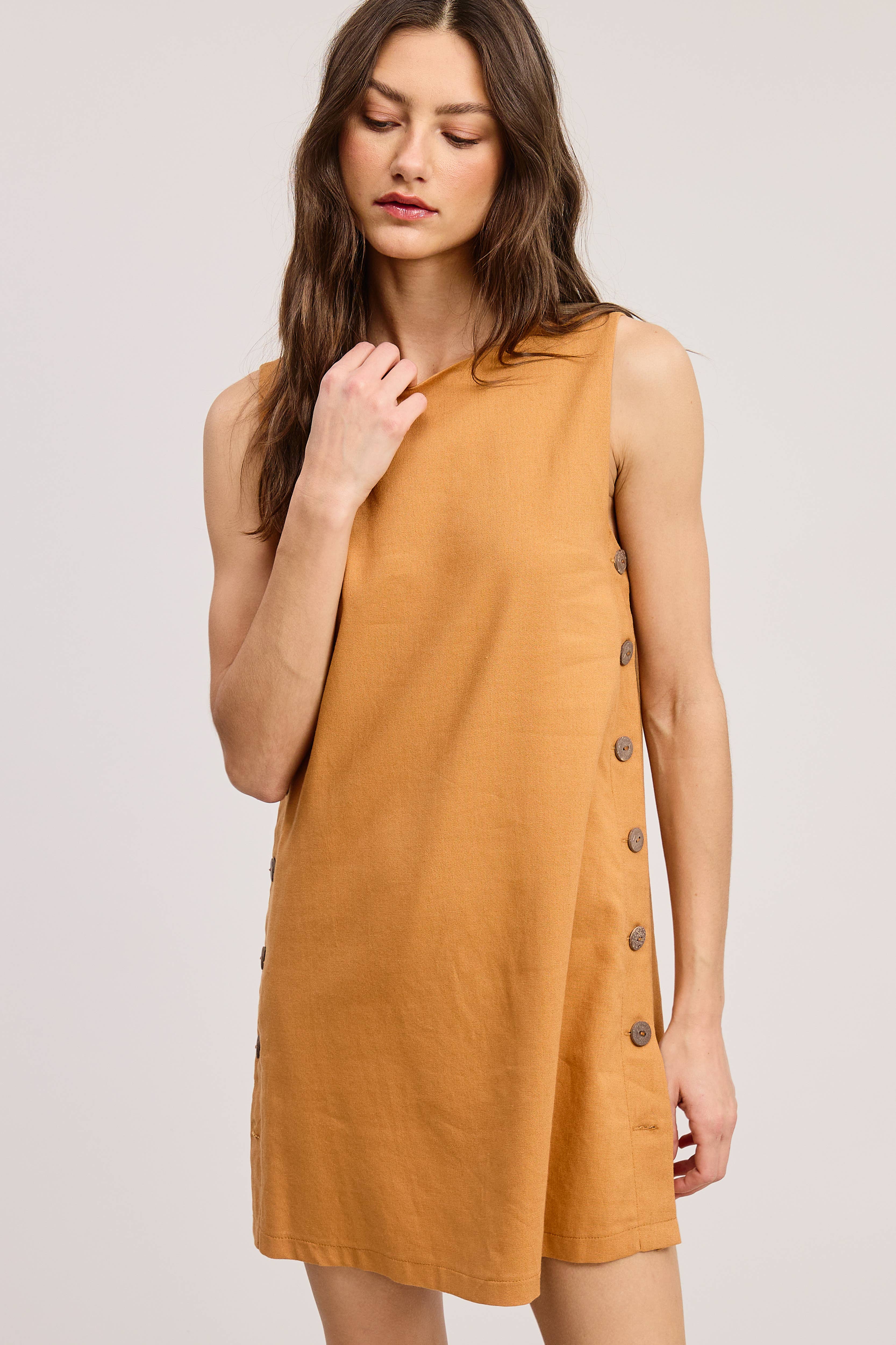 Mimosa - Wholesale Dress - Women's -  Wooden Side Button Detail Sleeveless Linen Mini Dress11