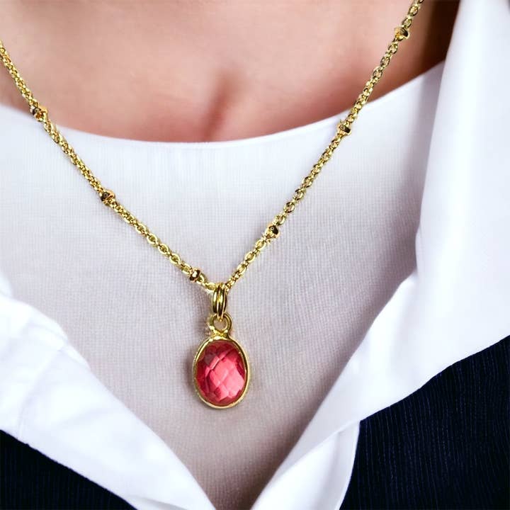 TOURMALYN - Vendita all'ingrosso Collana con ciondolo/pendaglio - Pendente "CARMEN" dorato in oro fine con pietra di Tormalina rosa1