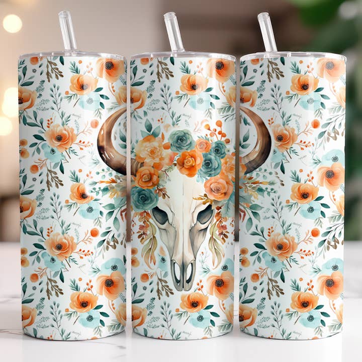 Dünner Becher mit Boho Flowers & Cow Skull, 20 Unzen für den Großhandel von Dogwood Graphics & Design