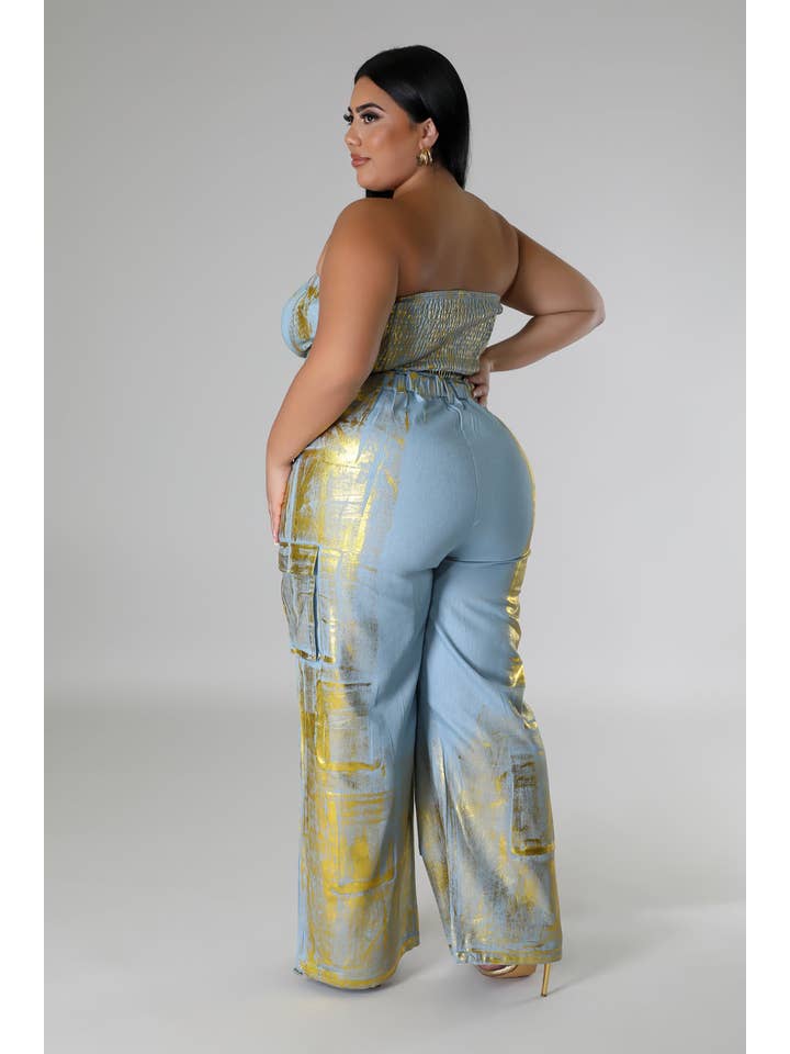 5besties inc – wholesale Jumpsuit - Dam – Jeansjumpover utan axelband med folieprint4