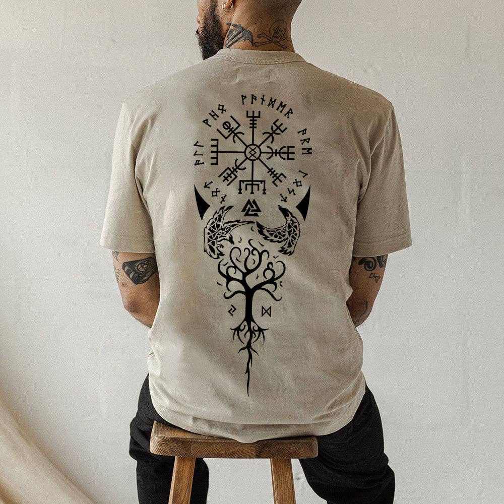 novaxau - Wholesale Screen Printed T-Shirt - Men's - Viking Retro Culture Cotton T-shirt Men's Khaki Color Tee0