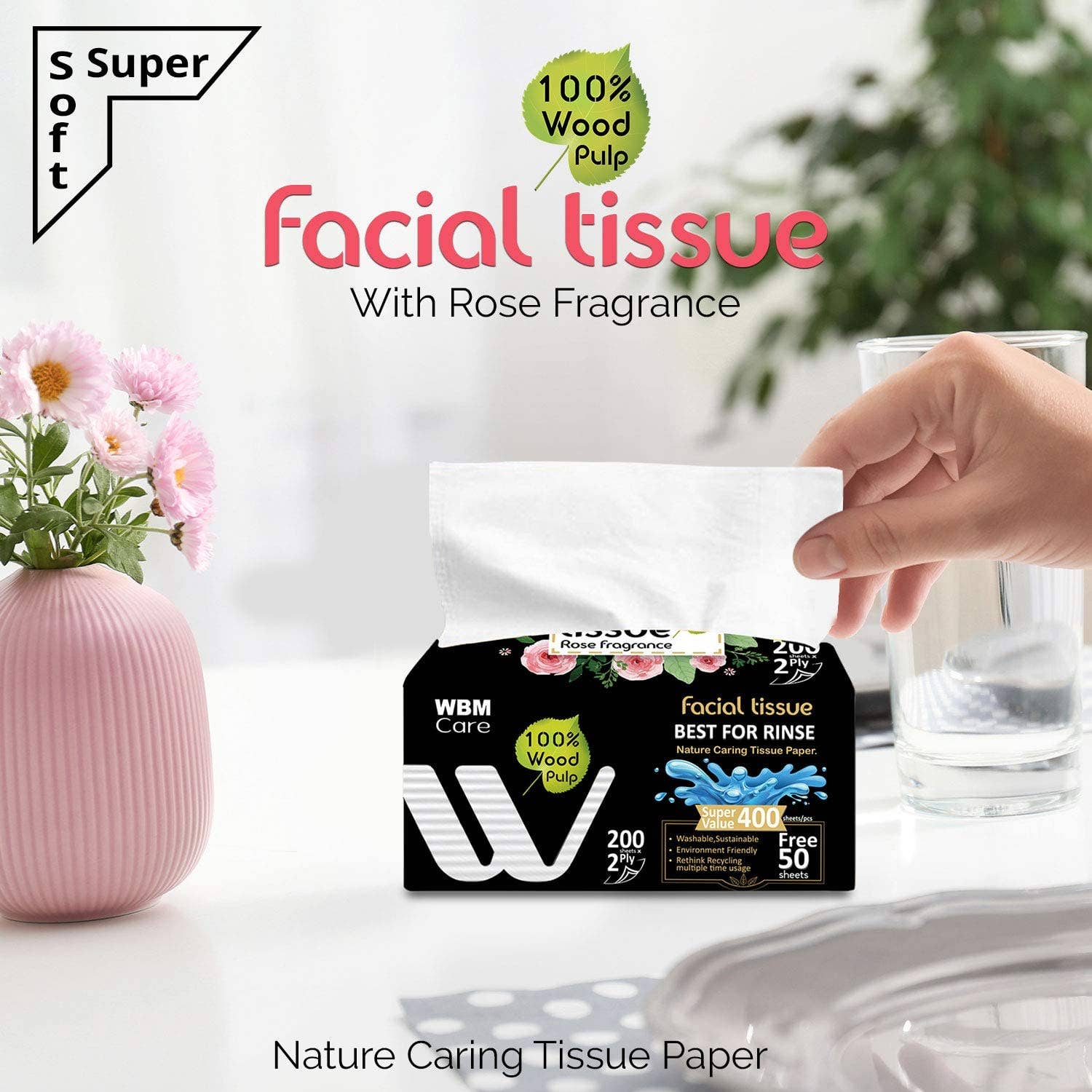 WBM LLC - Wholesale Tissue Paper - WBM Care Facial Tissue Rose Fragrance2