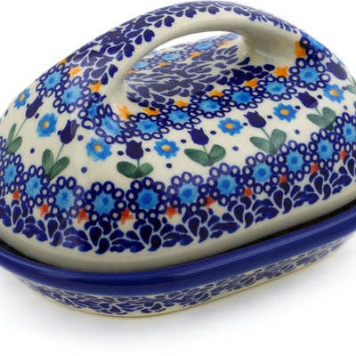 Butter Dish 7" Blue Tulip Garden Theme UNIKAT for wholesale by Polmedia Polish Pottery