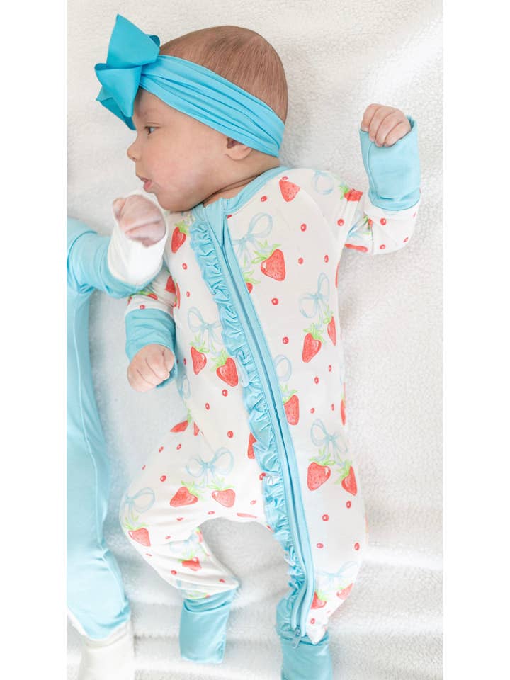 Sweet Bay Clothing - Wholesale Jumpsuit - Baby - Strawberries and Bows Ruffled Zipper Onesie