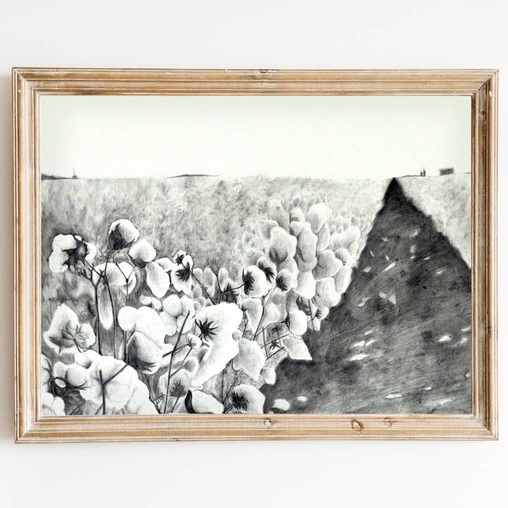 Cotton Field Pencil Drawing - Stampa artistica da parete senza cornice per la vendita all'ingrosso da parte di Uncommon Canvas Co