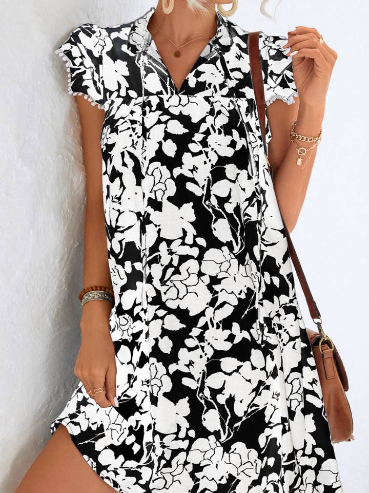 Rosa Clothing - Wholesale Dress - Women's - Ruffle Shoulder Floral Printed v-neck babydoll dress