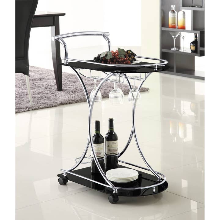 Allen Black and Chrome 2-Tier Glass Shelf Metal Bar Cart for wholesale by 39F Inc.