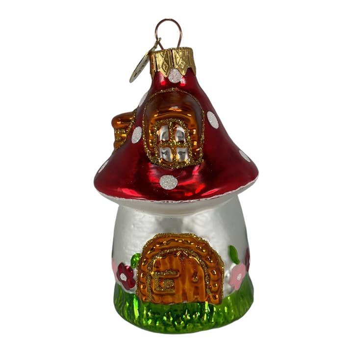 Ornement de Noël en verre allemand en forme de maison champignon à chapeau rouge pour la vente par Pinnacle Peak Trading