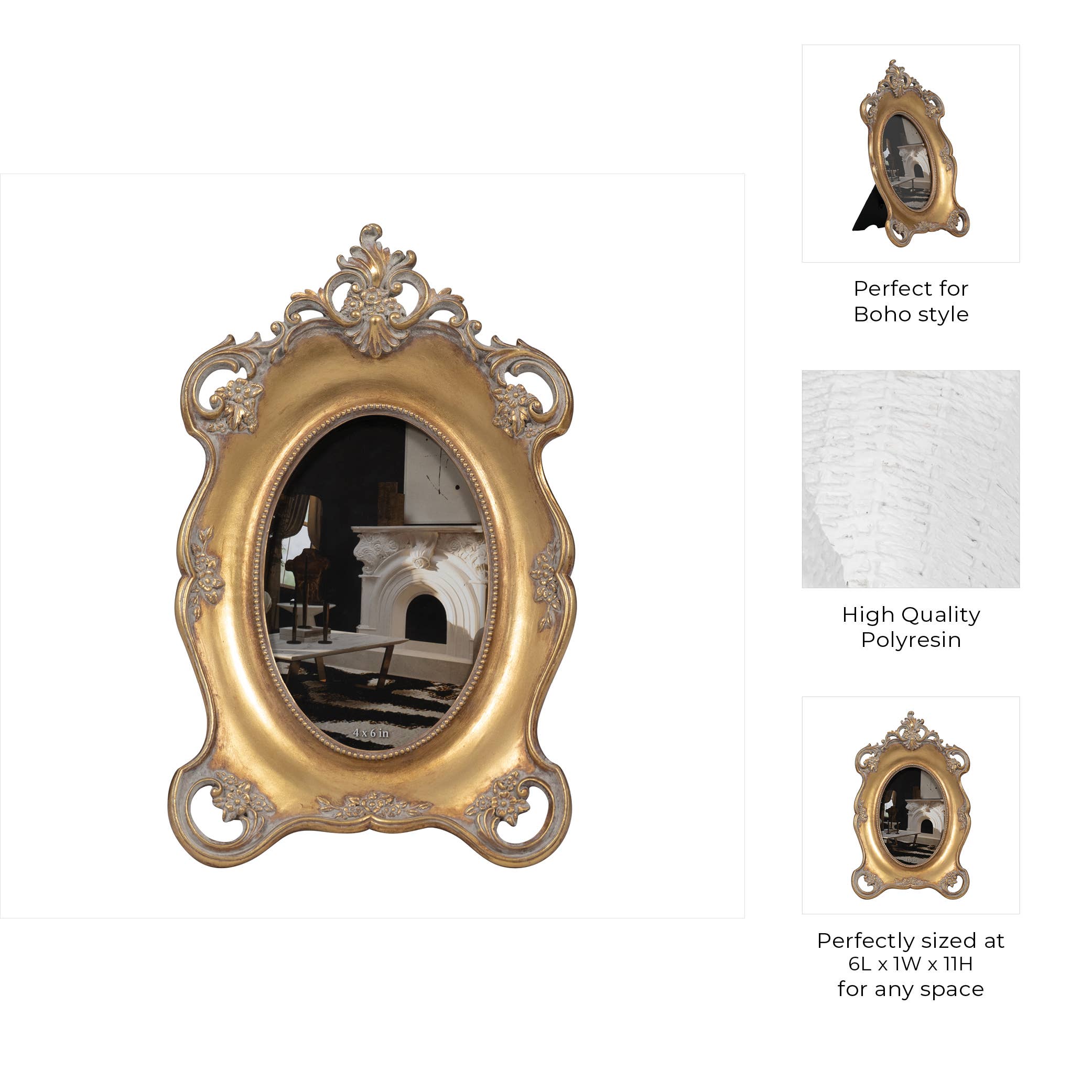Sagebrook Home - Wholesale Picture Frame - Photo Frame - Gold Resin Decorative Baroque Oval, 4x6 in.3
