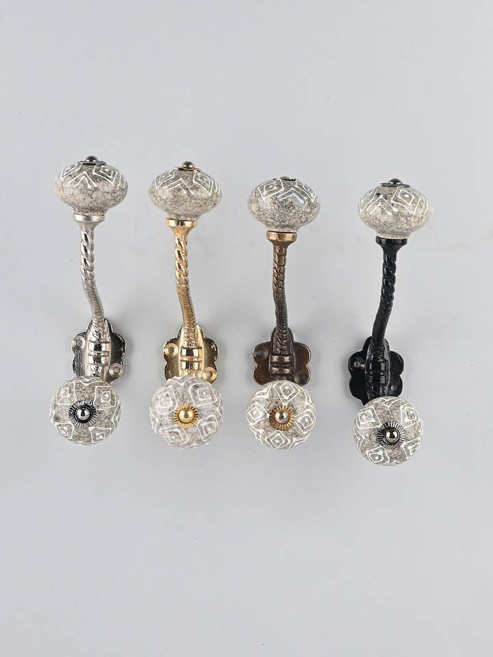 Gray & White Embossed Design Handmade Ceramic Wall Hook |Vintage Wall Hook | Metal Wall Hooks |Furniture Hardware Hooks| Bath Hooks for wholesale by KNOBCO