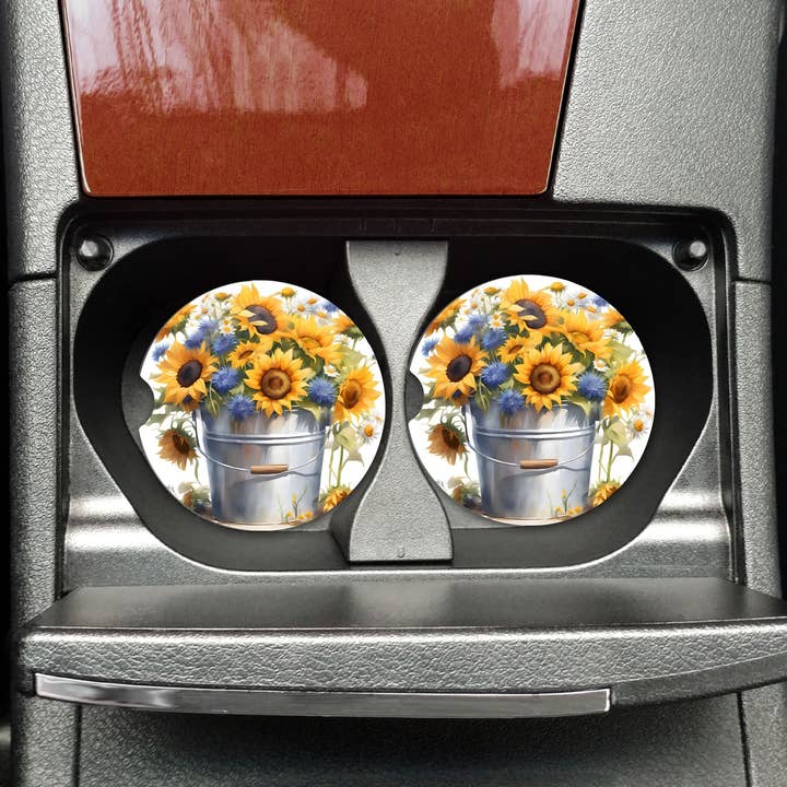Juego de 2 posavasos de coche de neopreno con girasoles para venta al por mayor de Uniquely Designed By Rebecca