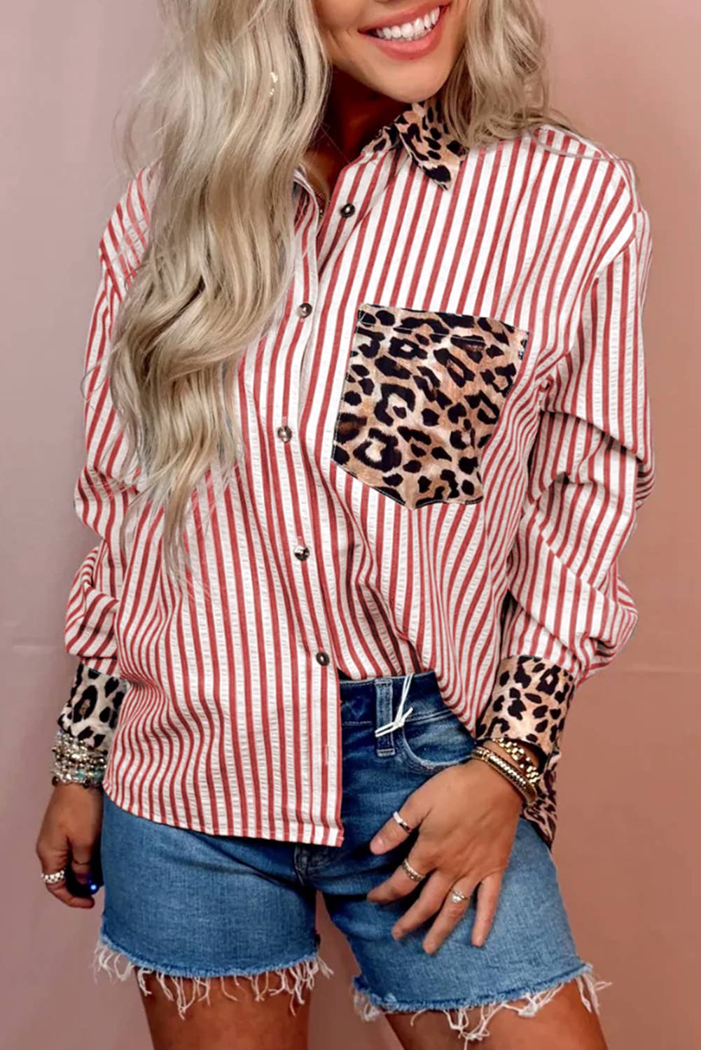 66DISCO - Wholesale Button Down Shirt - Women's - Spring 2026 Chic Contrast Leopard & Stripes Button Shirt28