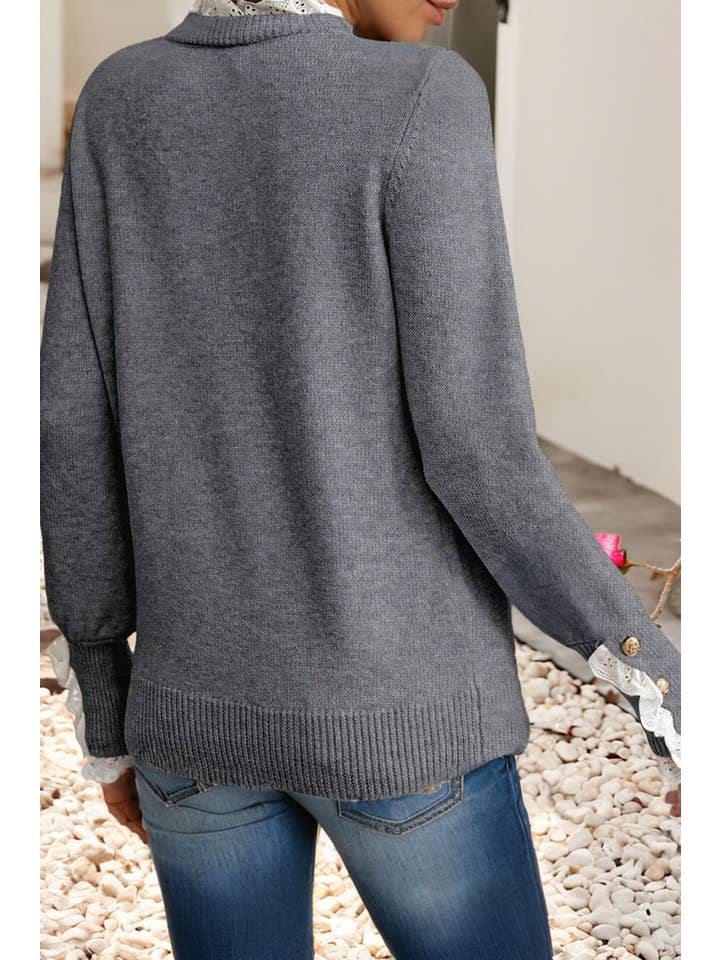 Little Daisy Closet - Wholesale Knit Sweater - Women's - LDC Lace Trim Patchwork Buttoned Cuffs Loose Sweater2