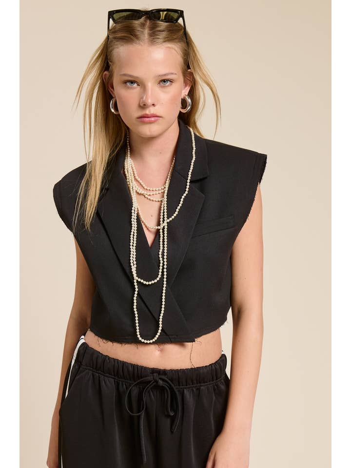 Mimosa - Wholesale Outerwear Vest - Women's - Cropped Collared Vest with Raw Hem1