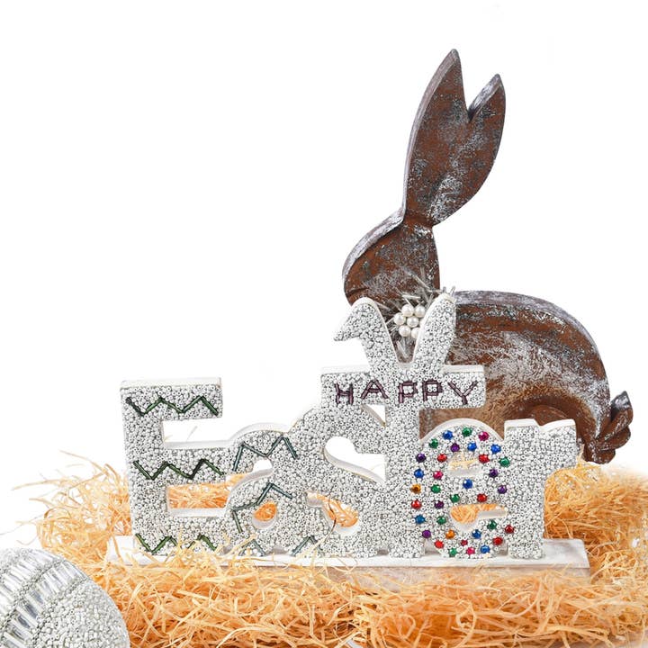 Happy Easter Beaded Wood Structure in White for wholesale on Faire2