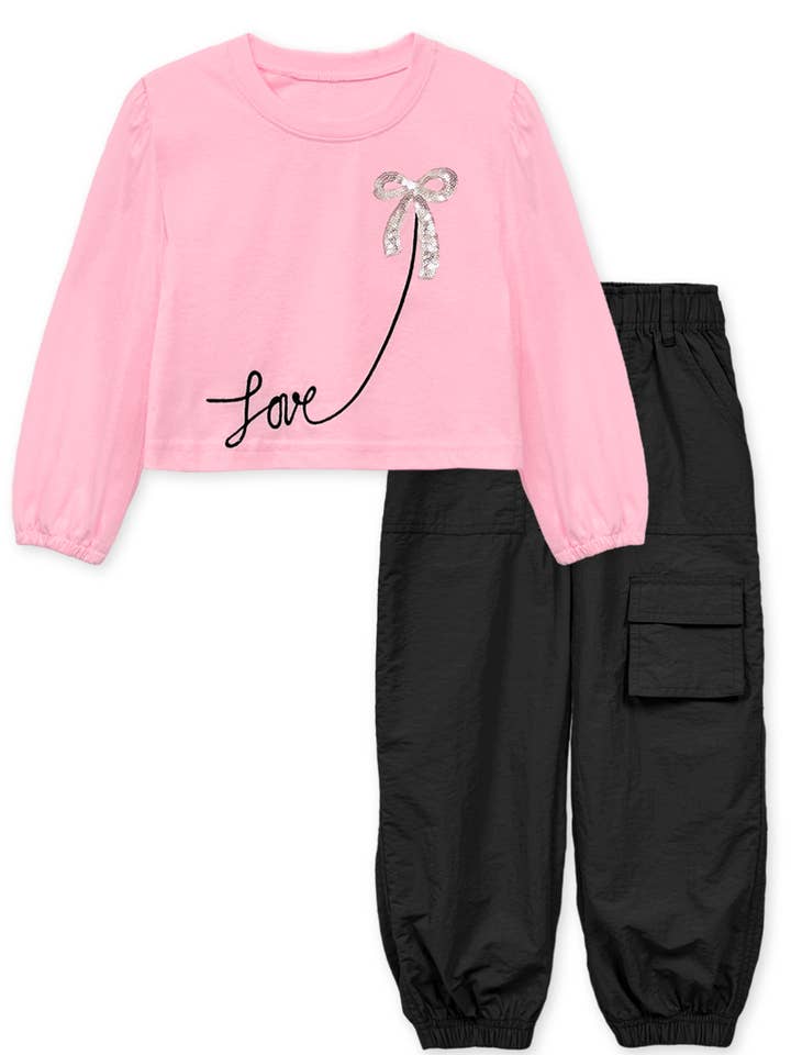 GKSS-Y24-3605A-LS Girl's Top & Pant Set w/ Love & Bow Sequin for wholesale by Cutie Patootie Clothing
